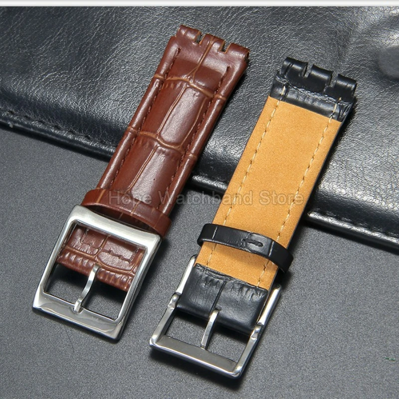 Correa de reloj de cuero genuino de primera calidad, marrón, negro, blanco, 17mm, 19mm, para Swatch SUOB704 GB274, pulsera resistente a los arañazos