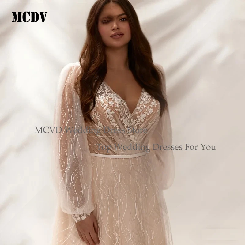 

MCDV Plus Size Lace Wedding Dress Double V Neck Puff Sleeves Beading A Line Elegant Custom Bride Gowns