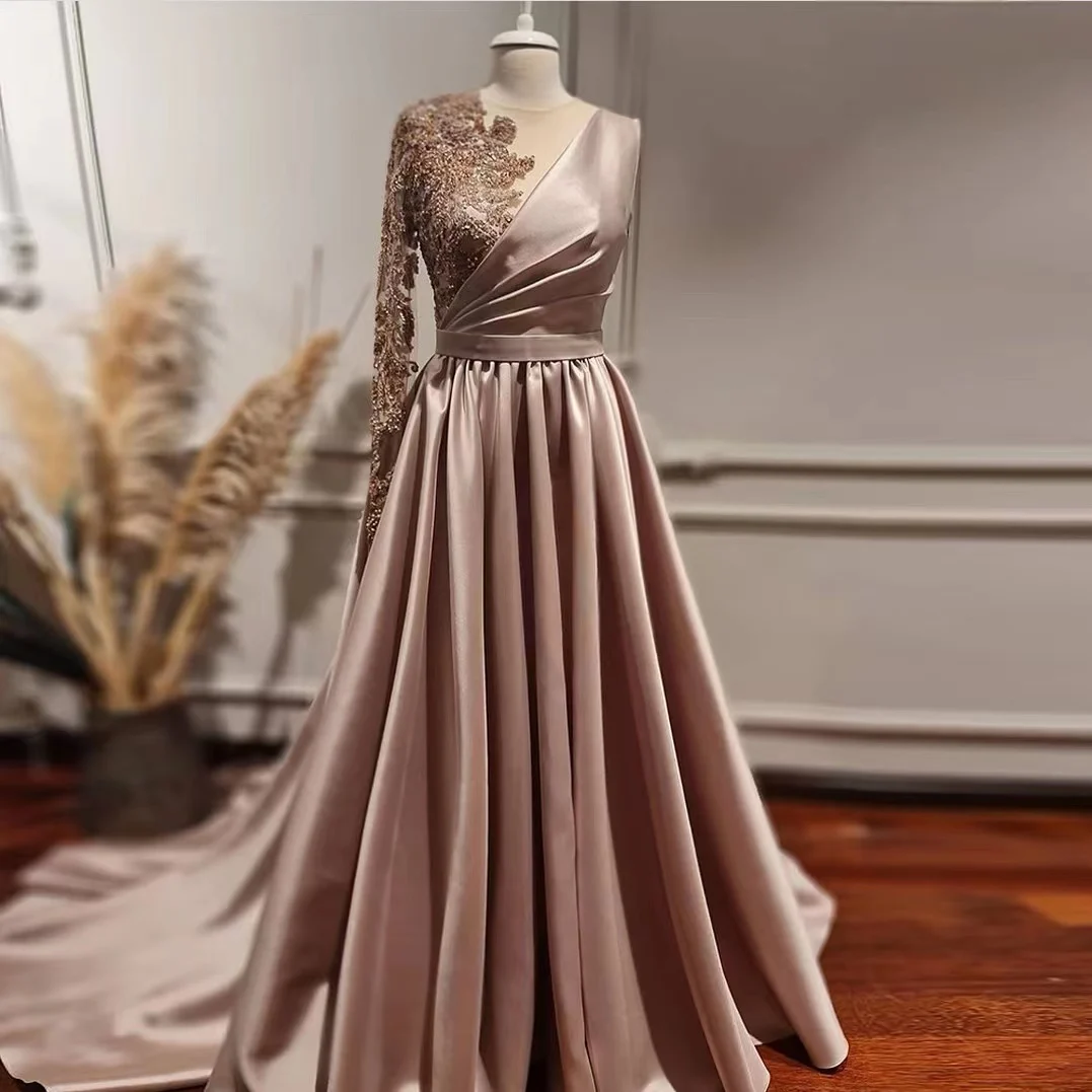 

Muslim Elegant Evening Dresses Woman's A Line V Neck Simple Applique Long Sleeve Prom Gowns Celebrity Formal Party 2024 Vestidos