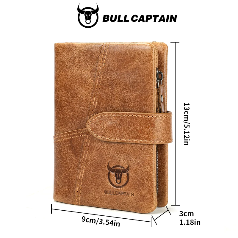 BULLCAPTAIN กระเป๋าสตางค์หนังแท้ผู้ชาย Retro Casual Snap Tri-Fold คลิปเงินสด RFID Anti-Theft ผู้ถือบัตรที่ถอดออกได้เหรียญ