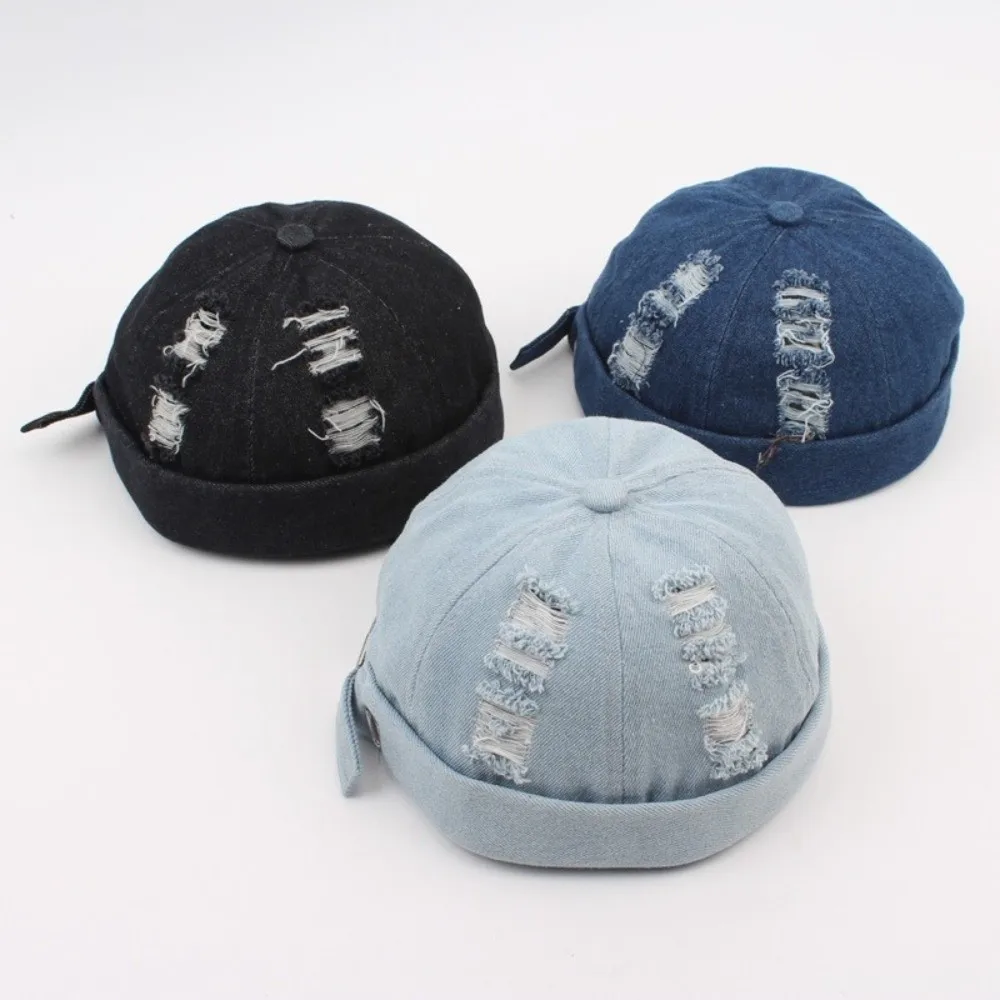

Fashion Denim Brimless Hat Old Holes Dome Melon Docker Cap Solid Color without Visor Bucket Cap Hip Hop