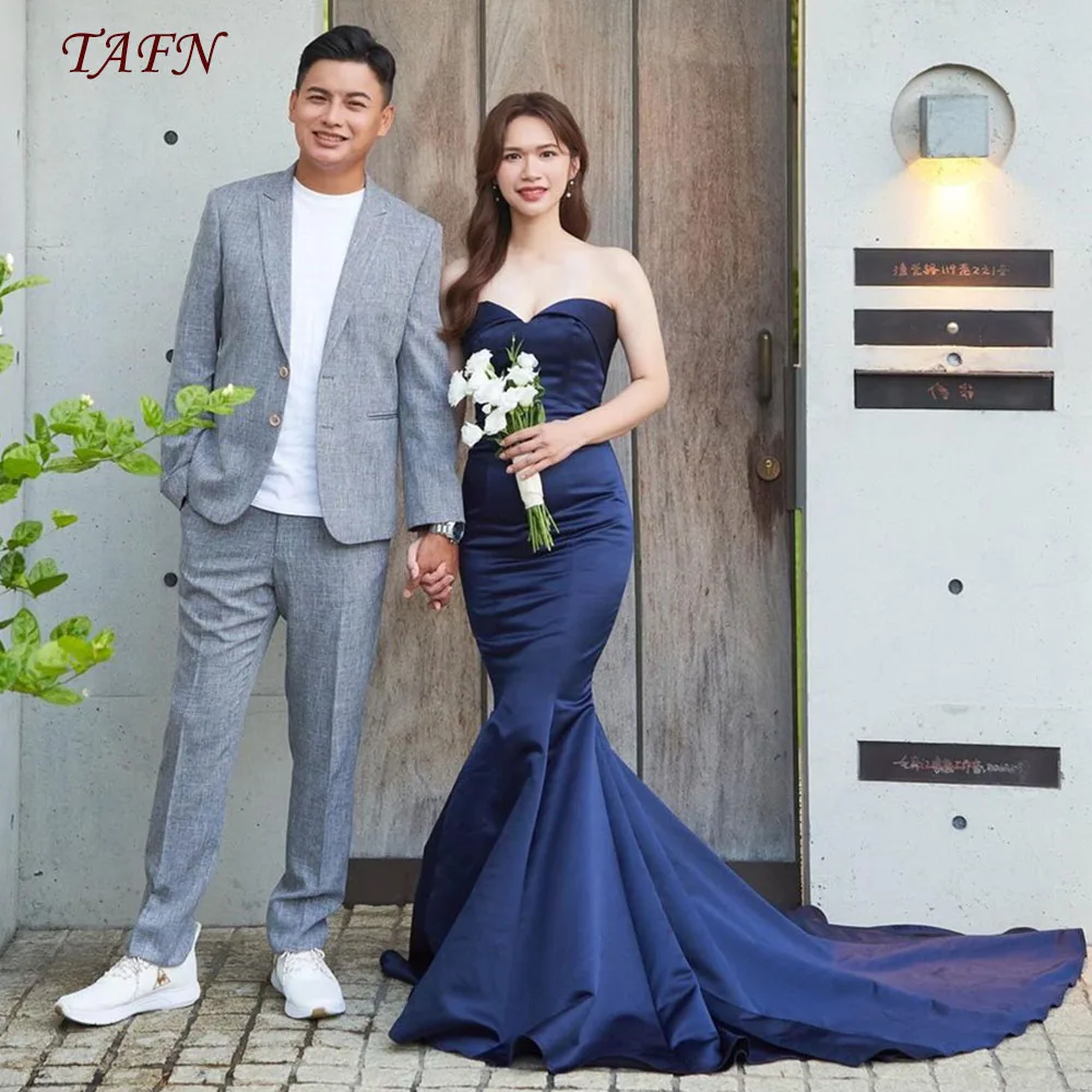 

TAFN Simple Mermaid Reception Dresses Navy Blue Sweetheart Collar Wedding Shoot Dresses 피로연드레스 Backless Sleeveless Bridal Gown