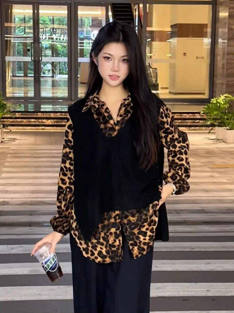 ファイオナブルなニットアシンメトリーベストトップアウターセット、ゆったりとした体型カバー、秋の韓国風スレ、ツーピースレディースセット