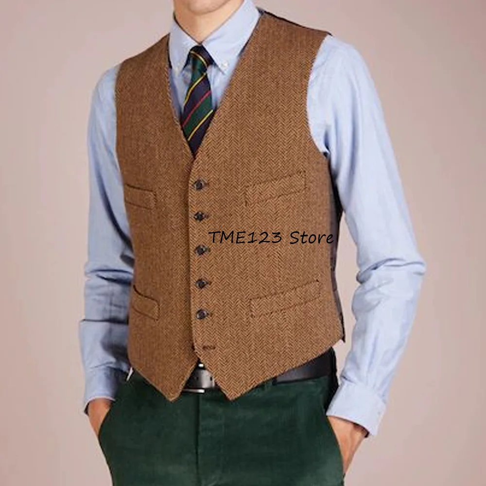 

Sleeveless Vest Man Welt Pockets V-neck Single-breasted Men's Classic Vest for Men's Suit Herringbone Fabric Elegant Fancy Suits