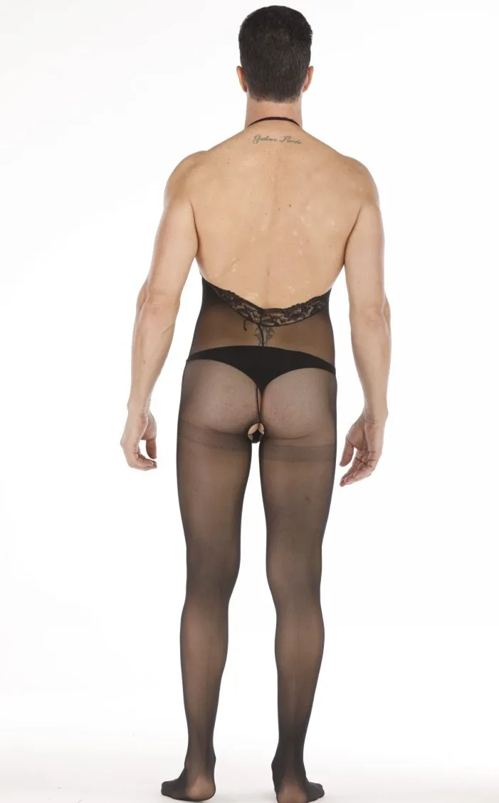Sexy Men's One-Piece Lace See-Through Hanger Neck Invitation Uniform Open-Crotch No-Need-to-Remove Ultra-Thin Sleepwear