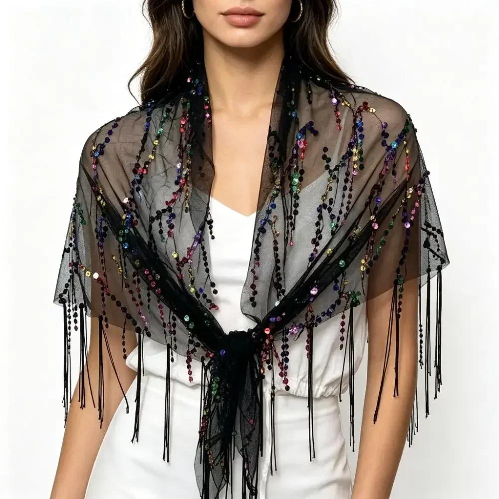 Women Black Sheer Mesh Shawl Colorful Beaded Sequins Long Tassel Stole Formal Wedding Prom Evening Party Cape Wrap Ladies Dress