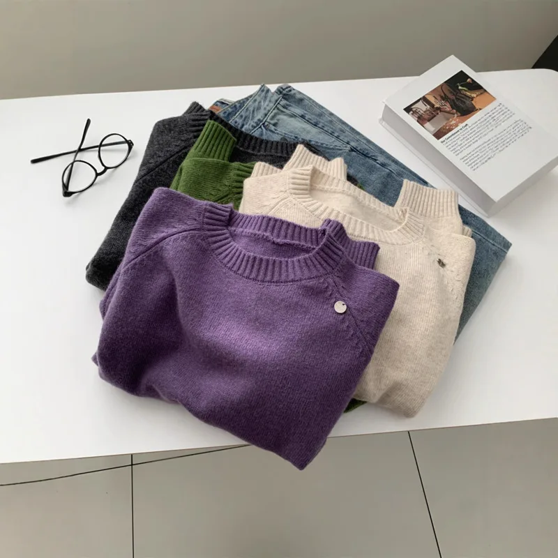 

Осенне-зимний вязаный свитер из смесовой шерсти, женские мягкие пуловеры с рукавами реглан и круглым вырезом на пуговицах