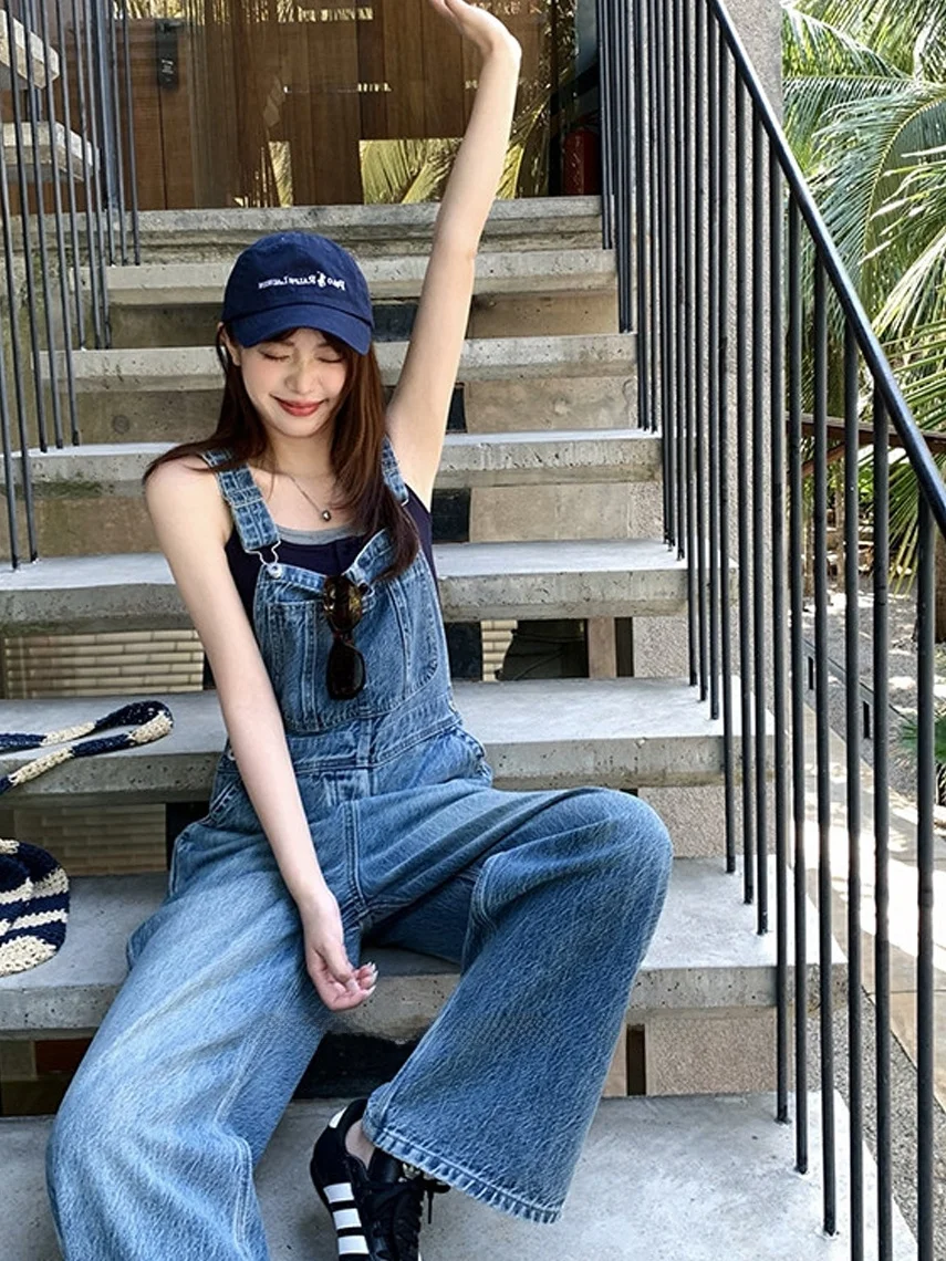 Women's Summer New Style Heavy Duty Denim Overalls Slimming Straight Leg Wide Leg Long Pants High Waist Button Closure