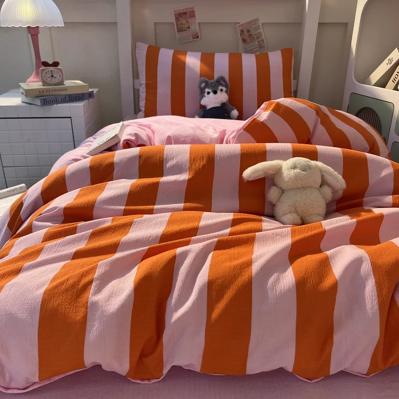 3pcs orange pink stripe Duvet Cover Set (1*Duvet Cover + 2*Pillowcase, Without Core),Bedding Set