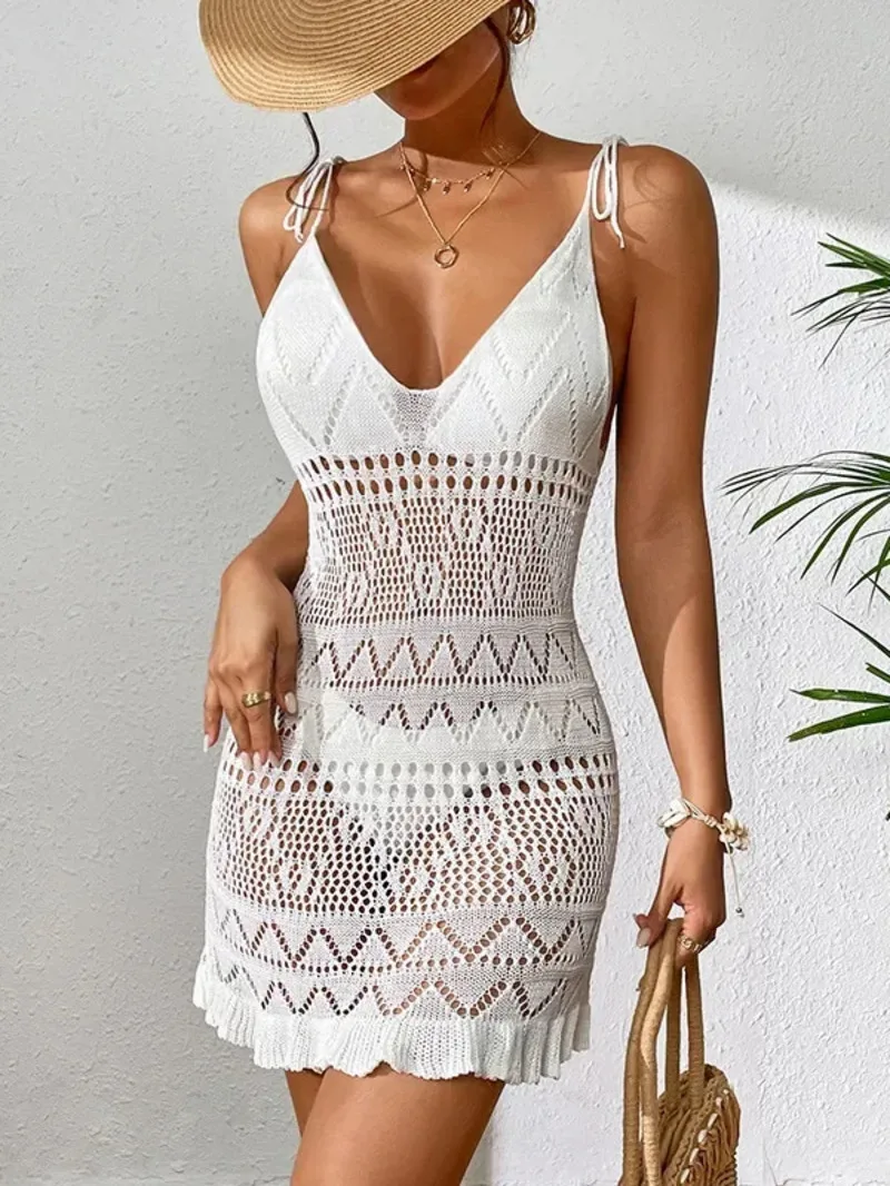 Dress Clothes Women Summer Solid Color Sleeveless Knitted Cover Up Backless Stylish Beach Dresses Vintage Dress 8R4D