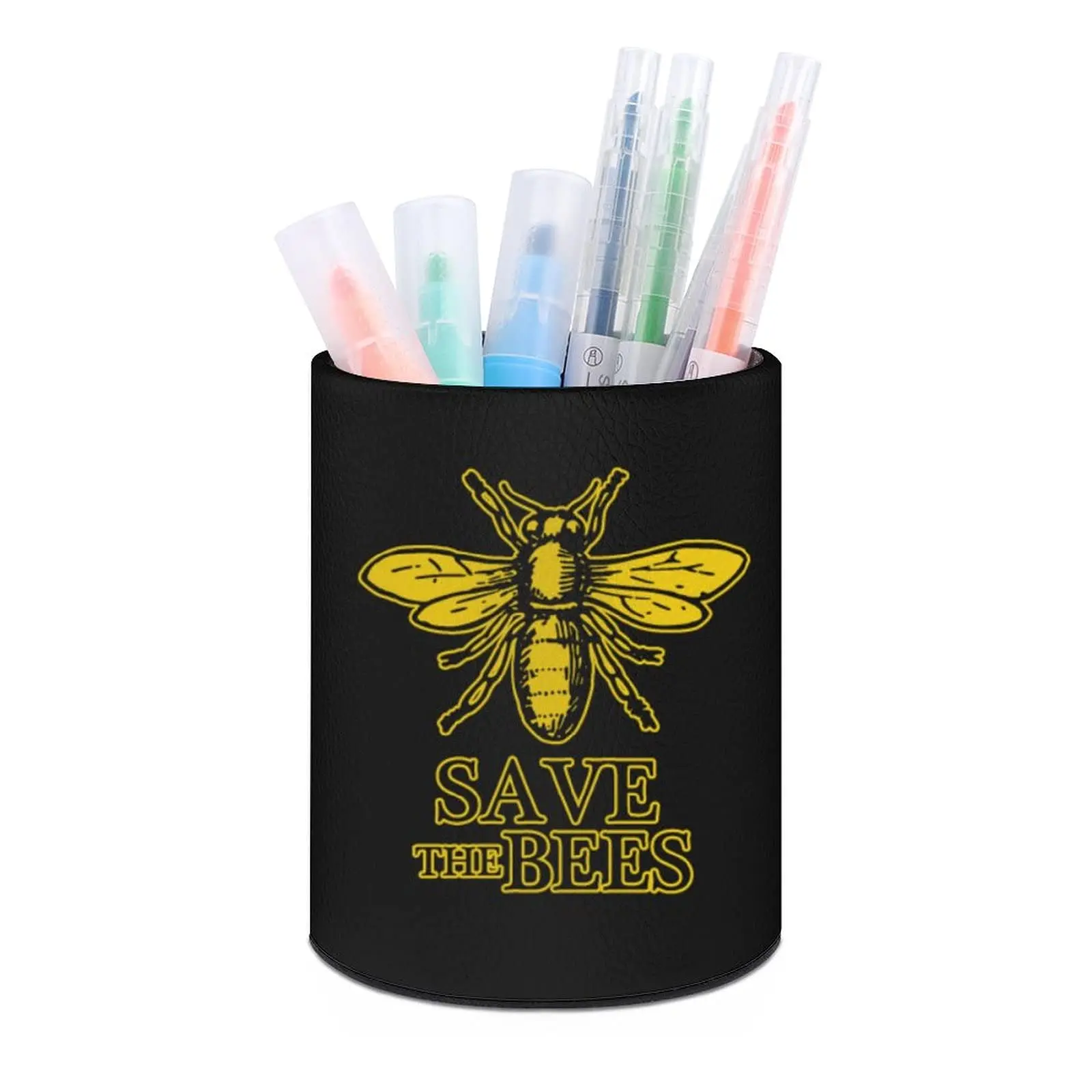 Bees Pattern PU Pencil Pen Holder Stationery Container Desk Organizer Storage Box for Home Office Woman Makeup Brush Holder