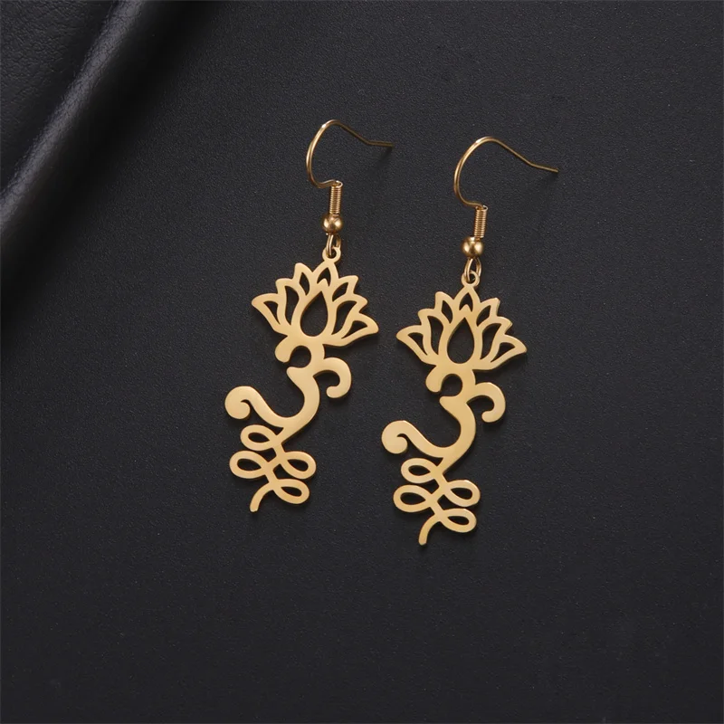 Stainless Steel Earrings Lotus Flower OM Unalome Symbol Drop Earrings for Women Vintage Yoga Lotus Buddhism Amulet Jewelry Gifts