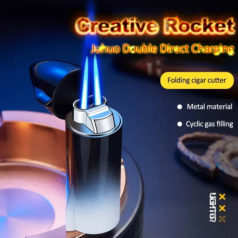 Metal Outdoor Windproof Butane Gas Lighter Creative Rocket Shape Double Blue Flame Torch Jet Cigar Lighter Home Decorations