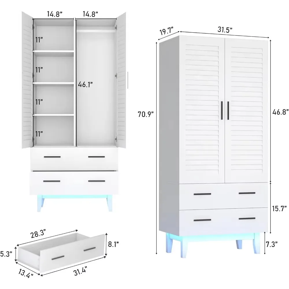 2 Door Armoire Wardrobe Closet Cabinet with Drawers and LED Lights, Multi-Tier Shelves, Hanging Rod & 2 Louver Doors