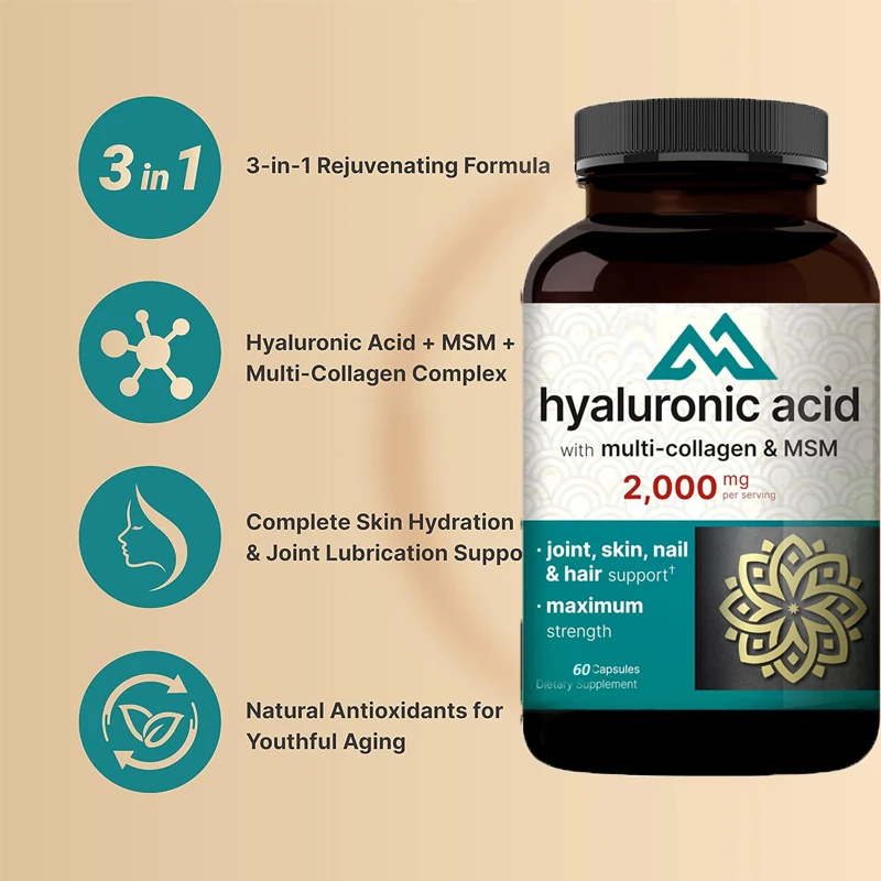 

Hyaluronic acid supplements contain collagen 3-in-1, which supports skin moisturizing, joint lubrication, hair and eye health