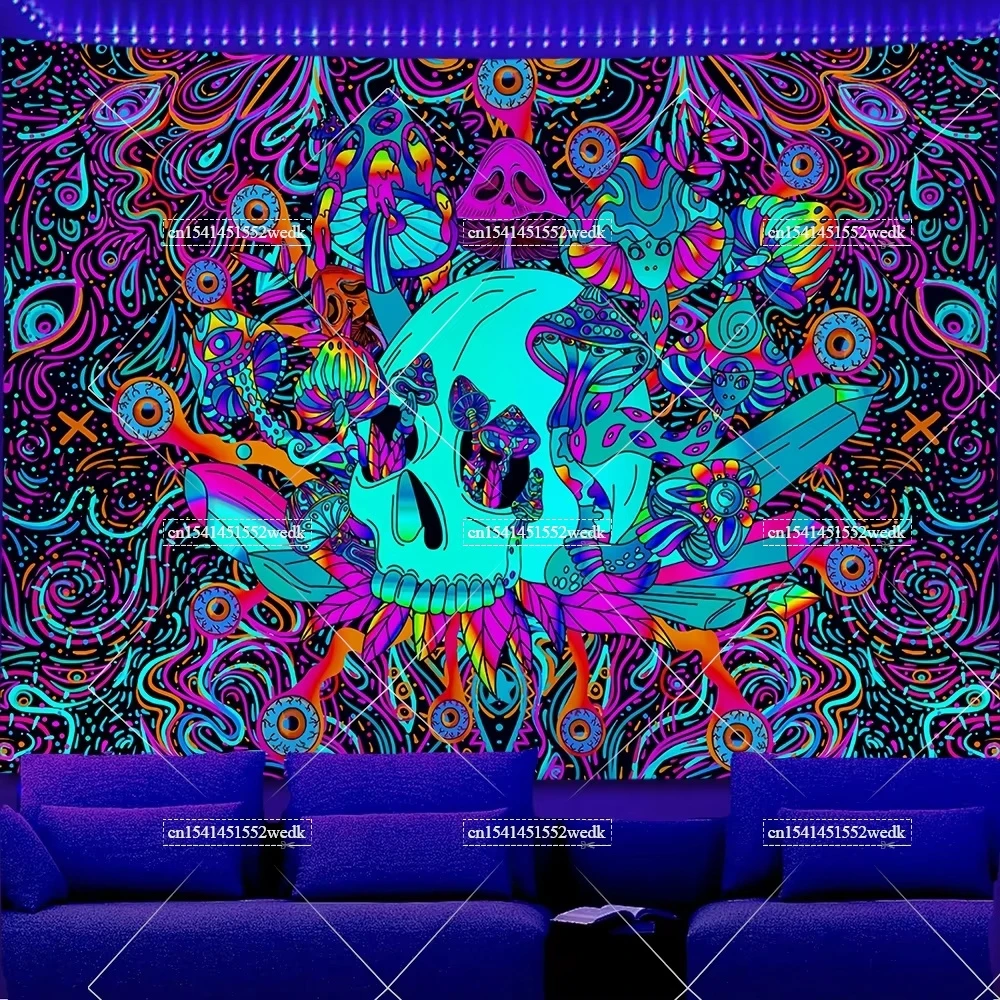 Glow In The Dark Gothic Skull Mushroom Blacklight Tapestry UV Reactive Occult Neon Tapestrys Aesthetic Fluorescent Tapestries 