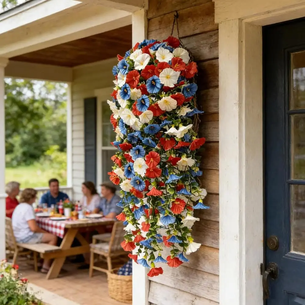 

Red White Blue Flowers Patriotic Red White Blue Hanging Flowers Artificial Morning Glory Flower Vine UV Resistant Fake Plants fo
