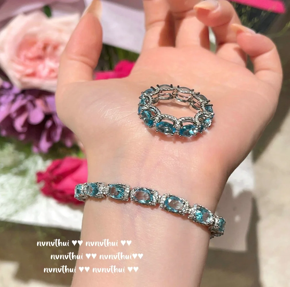 New light luxury micro-studded diamond aquamarine row ring Galaxy Princess lace aquamarine bracelet colorful treasure ring