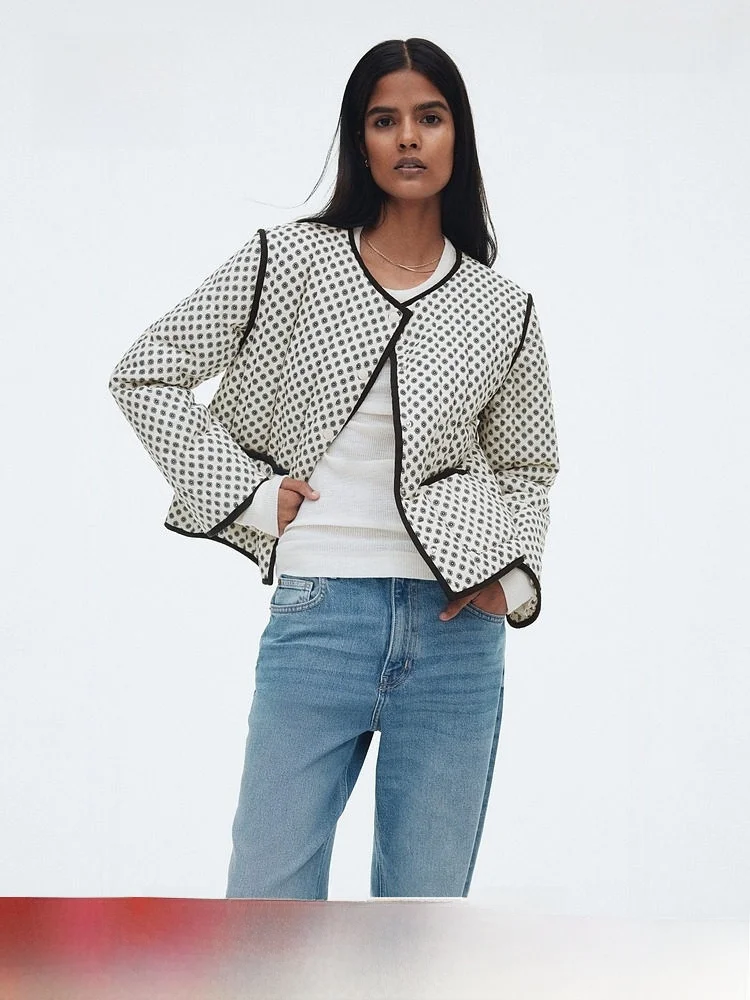 

H&M Women's Cotton Jaet Winter round Ne Single Button Printed Quilted Thin Cotton Outerwear 2690 Lightweight Cotton Coat