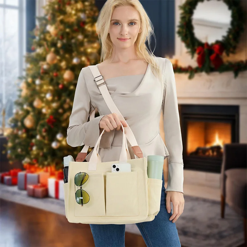 Heavy Duty Canvas Multi Pockets Tote Bag Casual Daily Zipper Solid Commuting Bag 15 inch Laptop Handbags Shoulder Crossbody Bags