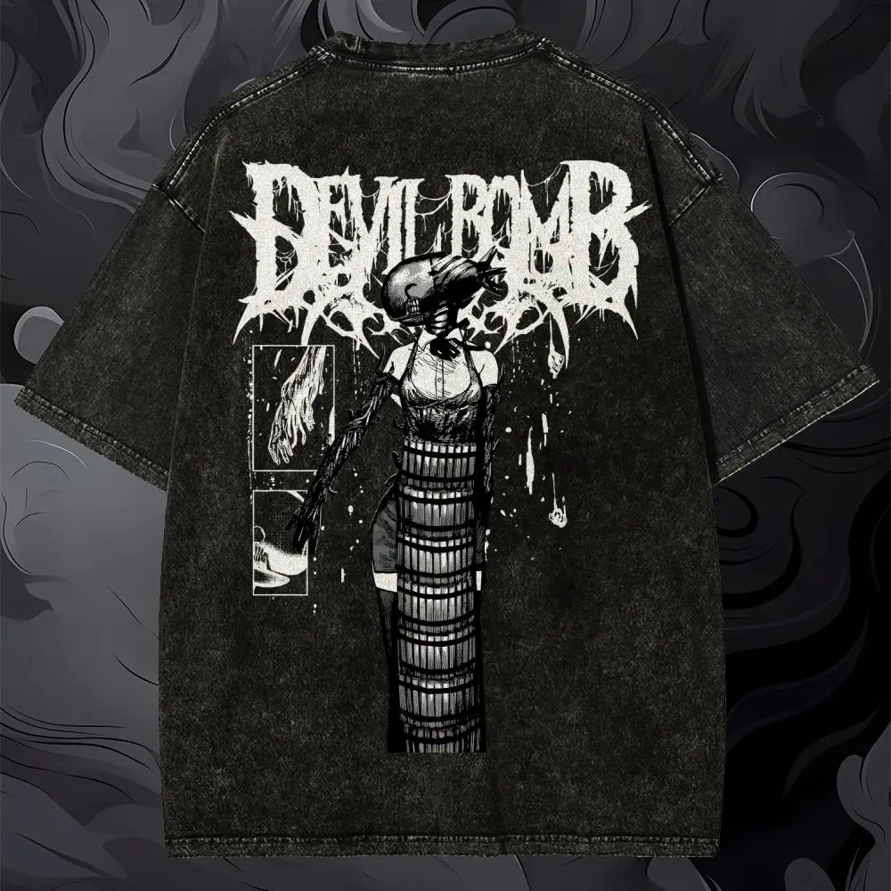 Oversized Chainsaw Man Reze Bomb Devil Graphic T Shirt Vintage Acid Wash Back Manga Panel Print Black Short Sleeve Tee Men Women