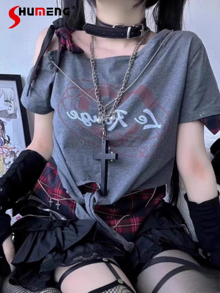 

Original Hot Girls Subculture Short T-Shirt Punk Style Dark Girls Sweet Cool Top Summer Women's High Waist Mini Plaid Skirts
