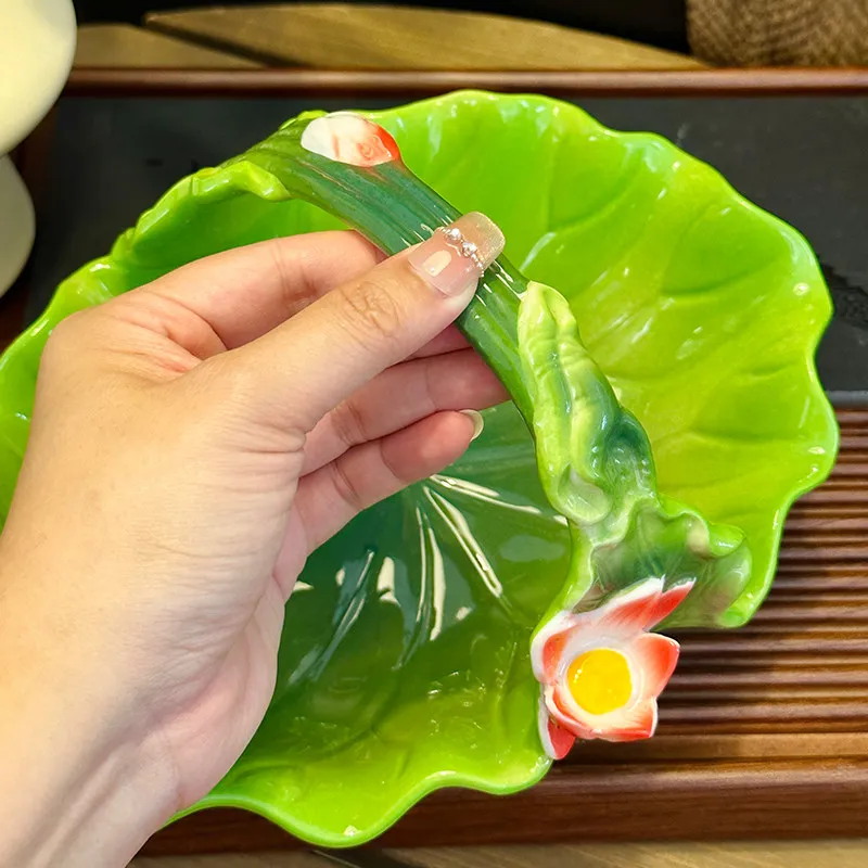 For Cloisonné Lotus Leaf Fruit Plate, Ceramic Snack Basket for Home Decor