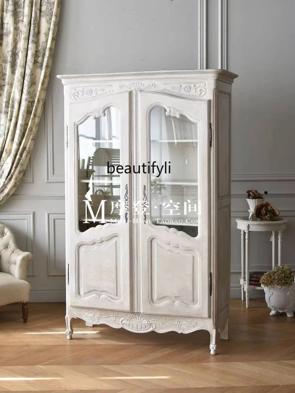 

American style solid wood glass door dining sideboard French style antique wine cabinet special-shaped oak display cabinet