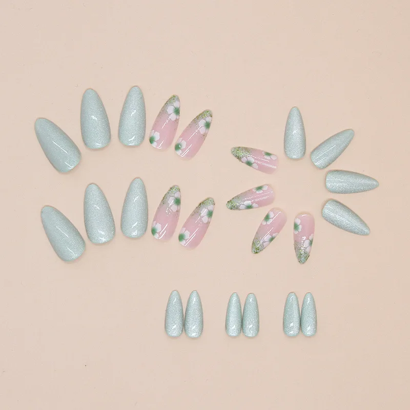 24szt Cat Eye Spring Flower Glitter Almonds Korean Nails Press on Kawaii Girls Cute Almond Adhesive Manicure Long Glued Nails