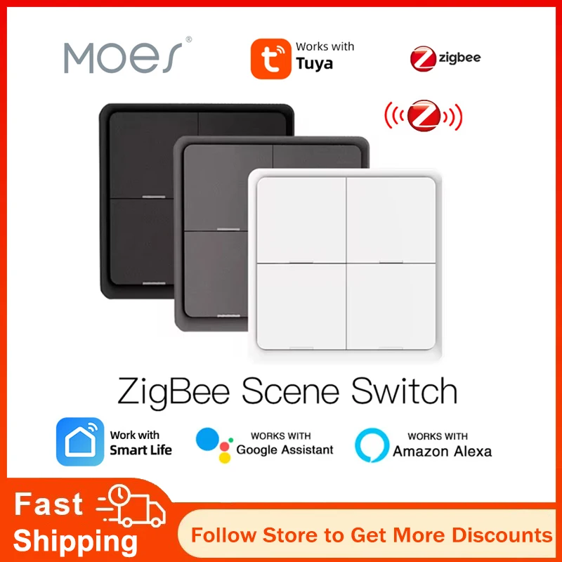Zigbee 4 Gang Wireless Switch Push Button Controller Battery Powered Smart Home Automation Compatible with Tuya 12 Scene Options