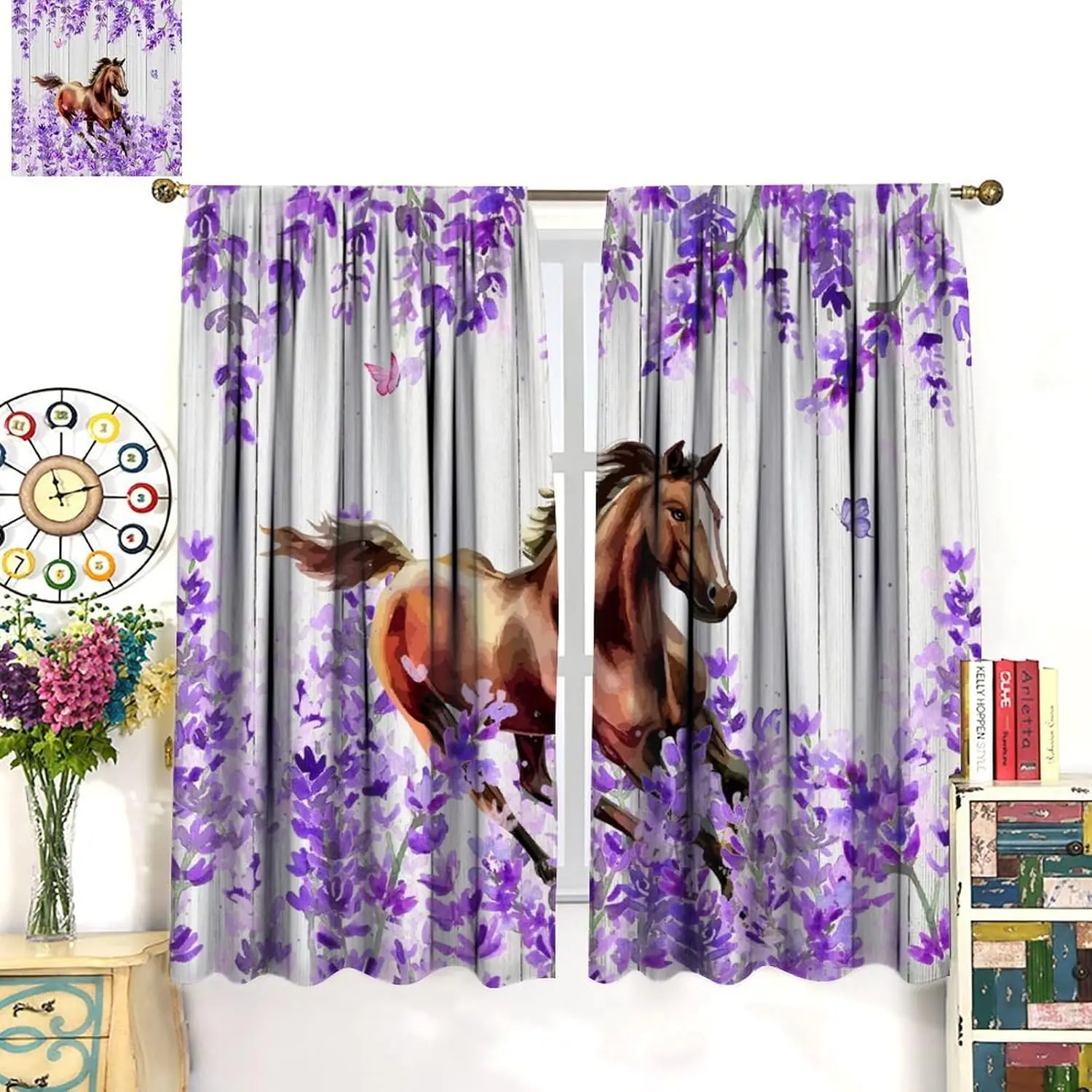 Farmhouse Horse Curtain Western Farm Animal Butterfly Horse Rustic Barn Door Lavender Vintage Country Window Treatments for