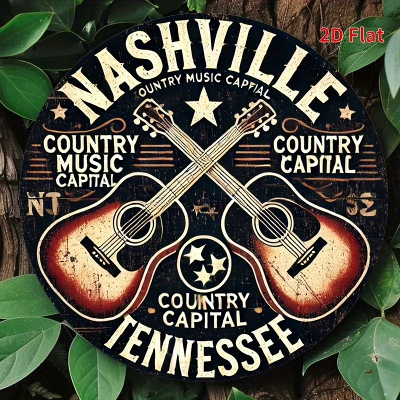 2D Flat, Vintage Nashville Guitar Metal Sign - 19.81x19.81cm Rustic Country Music Wall Art with Crossed Guitars & Stars, Black I