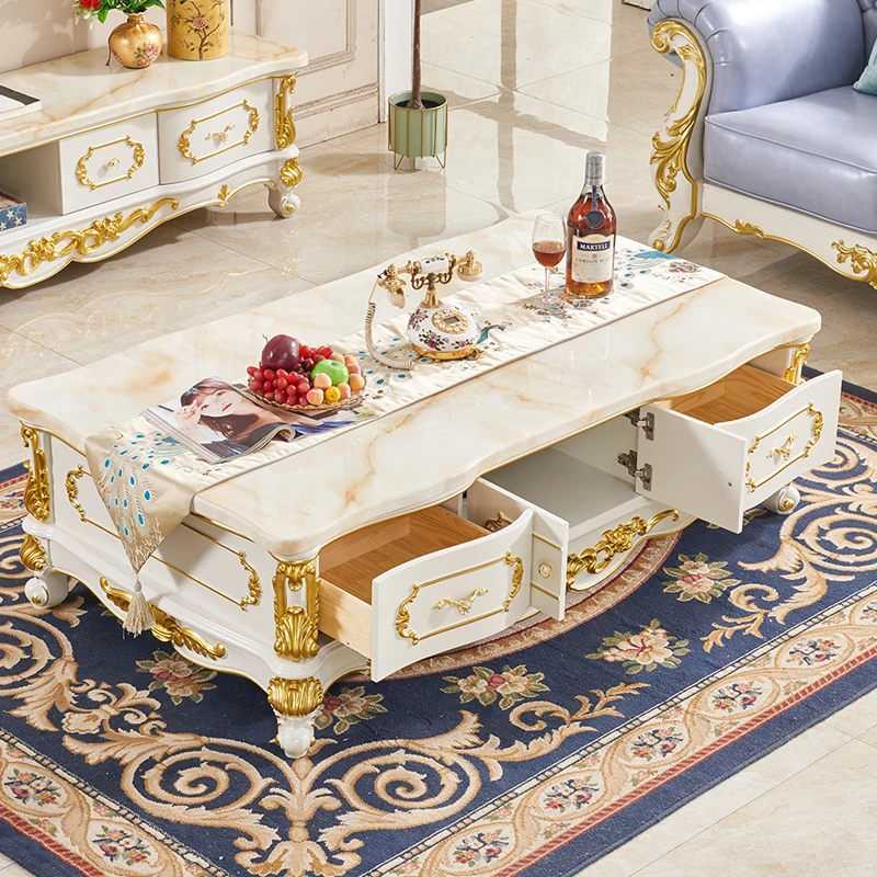 European-style Marble Full Solid Wood Carved Living Room TV Cabinet Combination Gold and Silver Tea Table