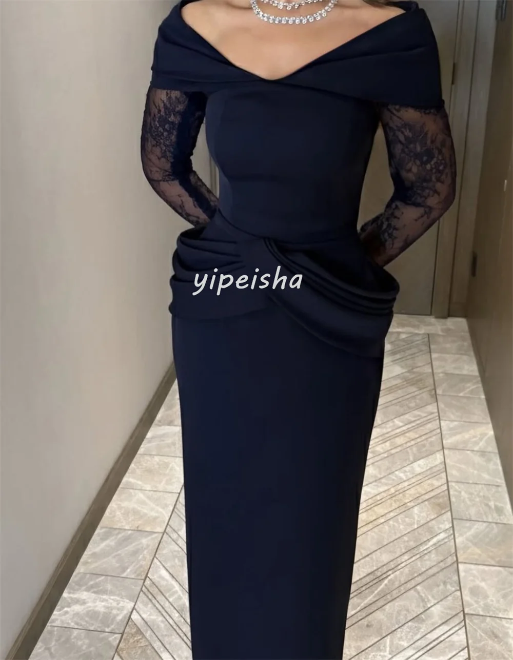 تخصيص رائعة كلاسيكية جيرسي الطية الدانتيل Ruched رايات مستقيم خارج على الكتف فساتين طويلة فساتين السهرة جودة عالية #5