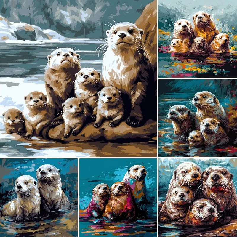 Diamond Painting Kit Mom Otter and Her Babies Art,Full Square or Round Drill ,Diamond Art Kit for Adults & Beginners,Decor Gift