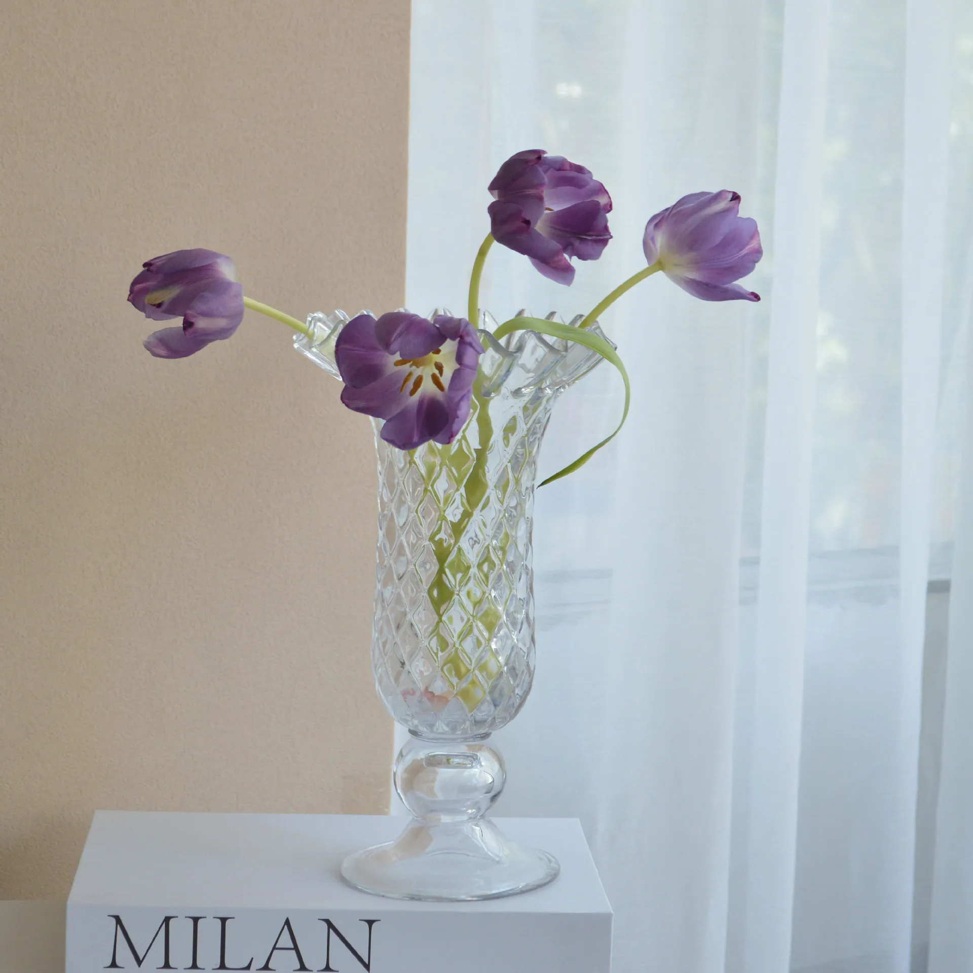 Sapphire Embossed Diamond Lattice Glass Glass Vase French Hydroponic Flower Arrangement Flower Home