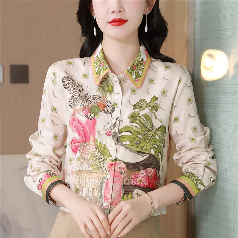 

Women Silk Floral Long Sleeve Satin Shirts 2026 Korean Elegant Casual Blouses Spring Fashion Bodycon Office Lady Shirts