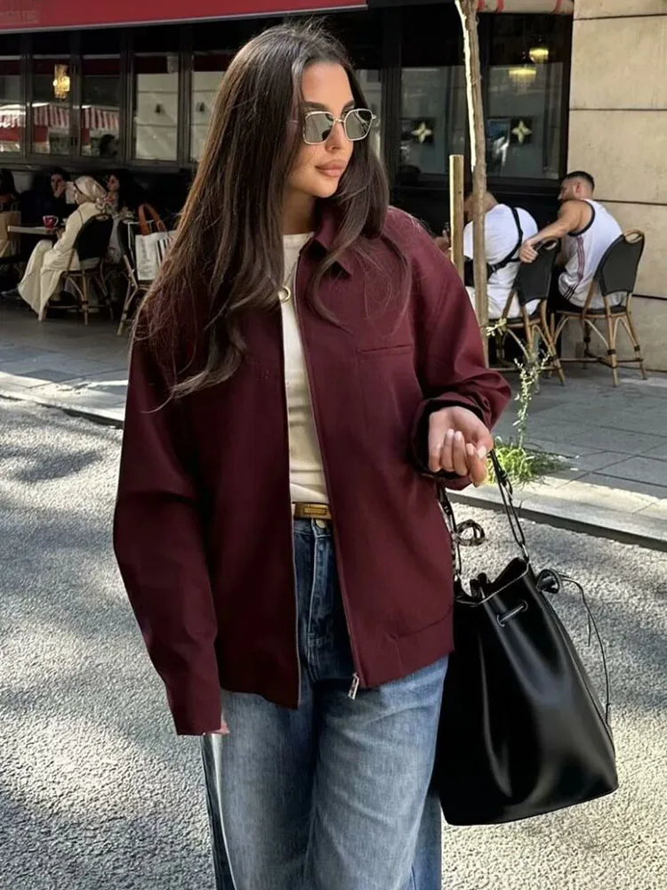 Vintage Women Tied Lantern Mini Burgundy Skirt 2024 New Fashion Zipper Jacket Women Suit Casual 2 Piece Set Ladies Outfit