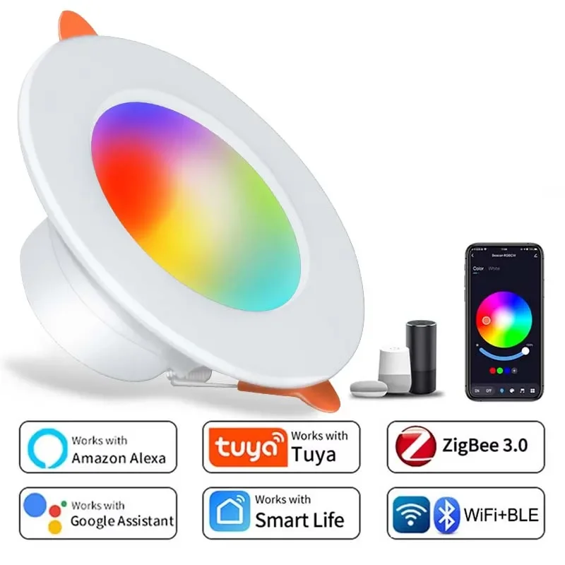 Zigbee-丸い調光可能なLEDダウンライト,色の変更,Wi-Fi, Alexa, Google Home,音声制御,5W, 7W, 10W, 15W