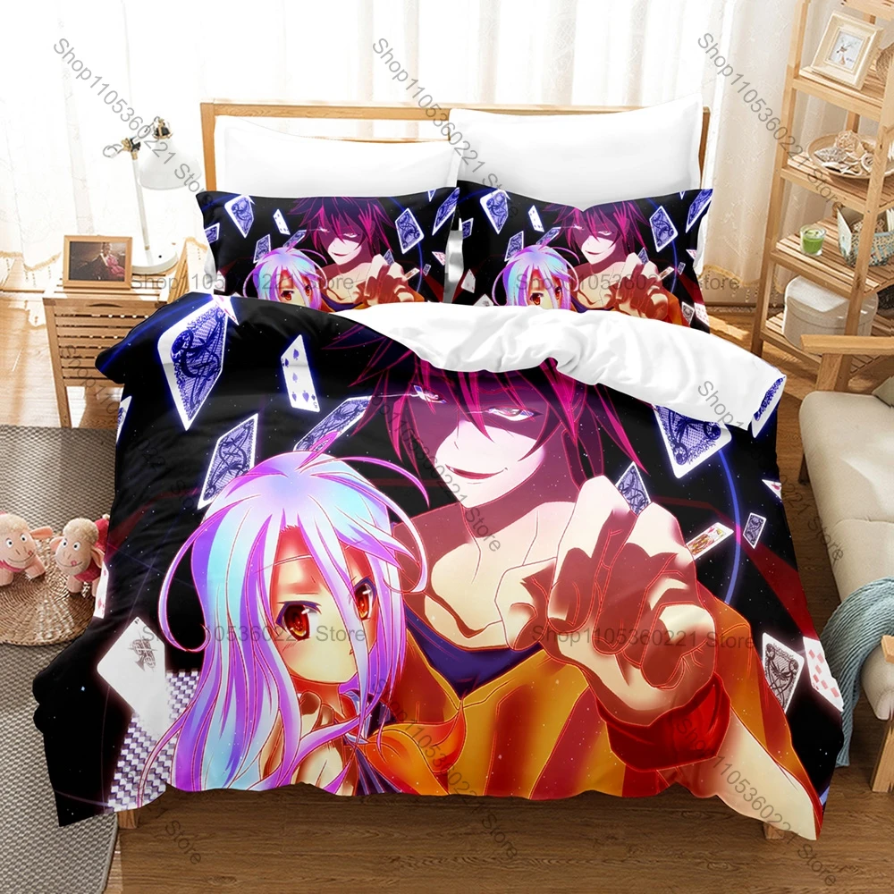 Popular Anime No Game No Life Duvet Cover + 2 Pillowcases, Vivid Character Design Bedding Set All Season Use Anime Enthusiasts
