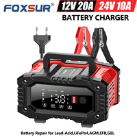 12V 20A & 24V 10A FOXSUR FPT-200 Car Battery Charger for Moto Truck Battery Repair for Lead-Acid AGM LiFePo4 EFB GEL WET