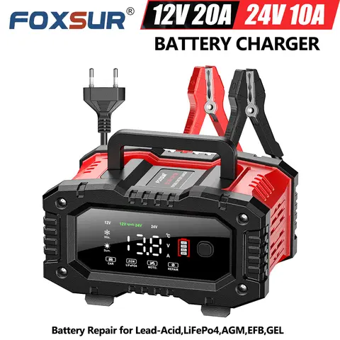12V 20A & 24V 10A FOXSUR FPT-200 Car Battery Charger for Moto Truck Battery Repair for Lead-Acid AGM LiFePo4 EFB GEL WET
