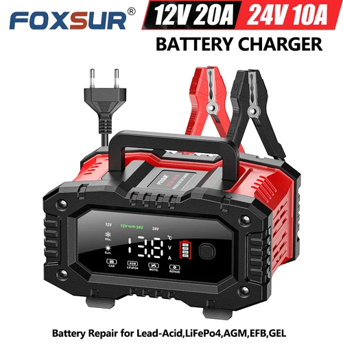 FOXSUR 12V 24V FPT100 FPT200 cargador de batería de coche para Moto para reparación de batería de camión para plomo-ácido AGM LiFePo4 EFB GEL húmedo