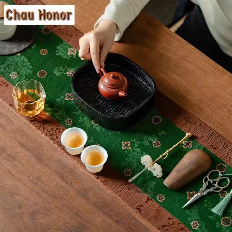 ZAEYORIA Chinese Watered Gauze Rectangular Tea Table Mats Vintage Long Drink Coaster Dinner Table Cloth Mat Tea Services Craft