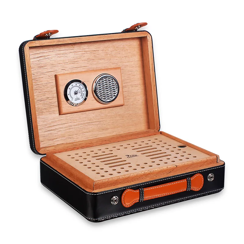 Handcrafted Cedarwood Cigar Humidor Case with Large Capacity and Stylish Black Herringbone Pattern Portable