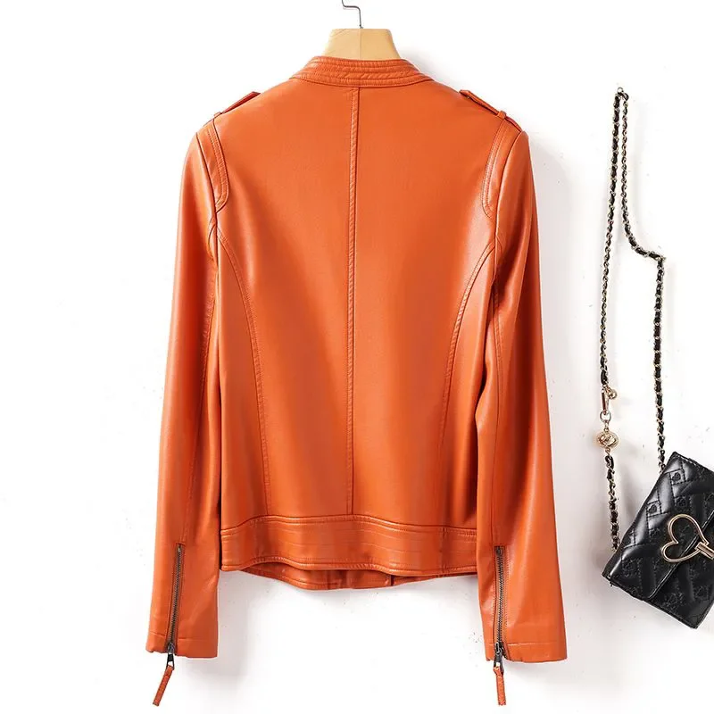แจ็คเก็ตหนังสตรีทแวร์ปี 2025 เสื้อโค้ทสั้นผู้หญิง ฤดูใบไม้ผลิ ฤดูใบไม้ร่วง ซิปคอตั้งทรงเข้ารูป เสื้อแจ็คเก็ตหนัง PU สไตล์โมโต