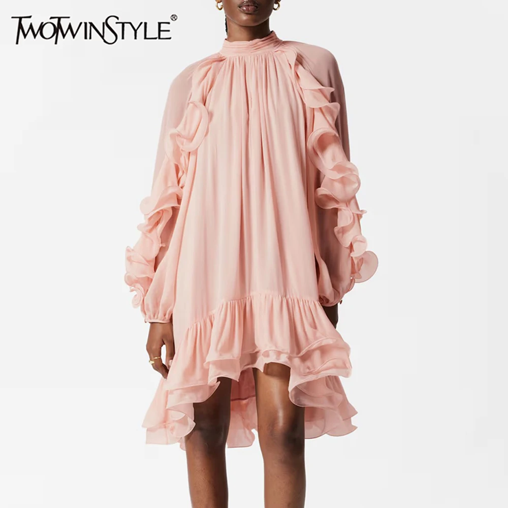 

TWOTWINSTYLE Solid Loose Spliced Fungus Mini Dresses for Women Round Neck Long Sleeves Patchwork Ruffles Dress Female Clothing