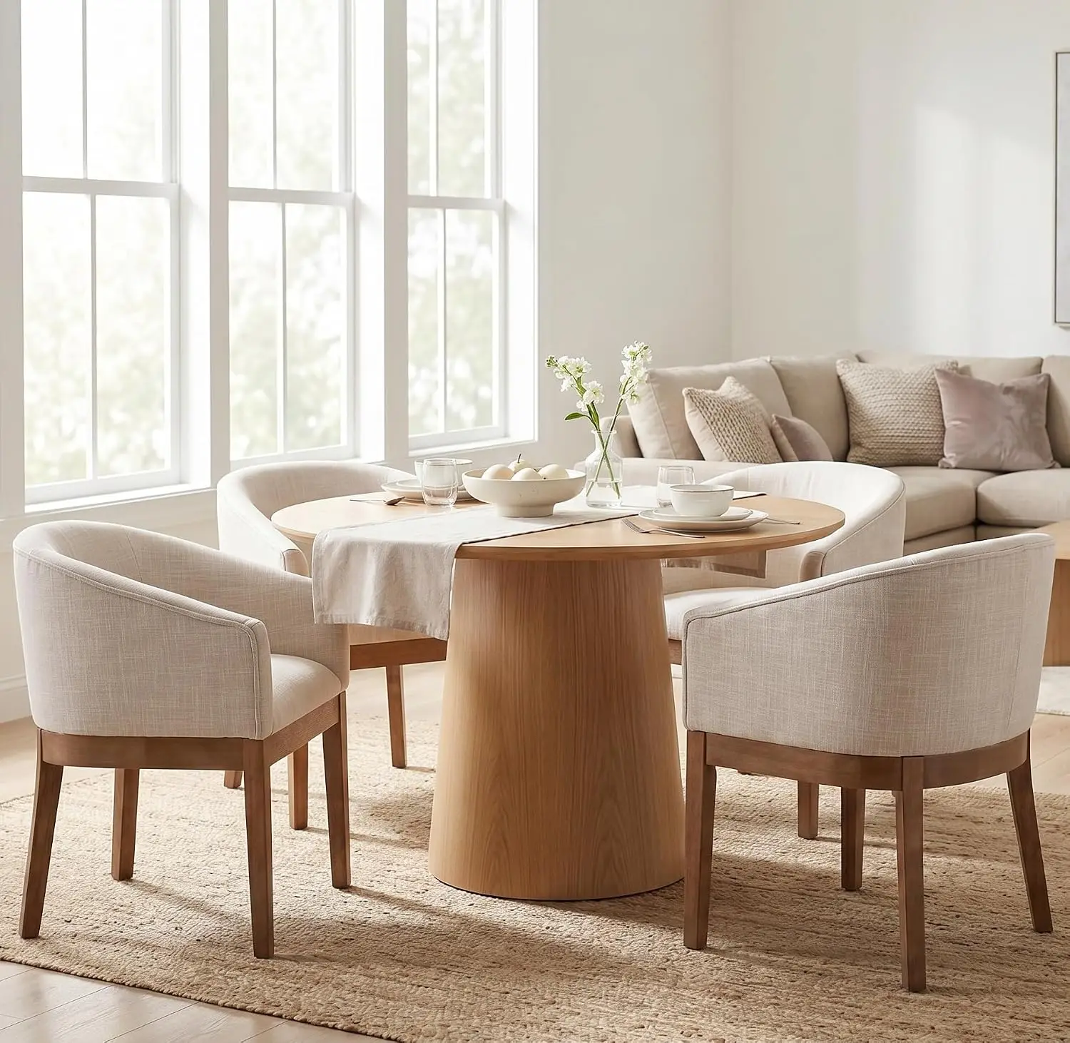 Upholstered Dining Chairs Set of 4 Modern Linen Dining Room Chairs Curved Back Kitchen Chairs with Black Wood Legs, Custom