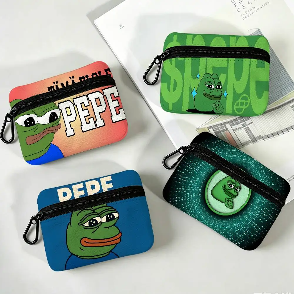 P-Pepe The Frog Lightweight Oxford Fabric Coin Purse With Black Carabiner Hook Card Holder Earphone Storage Pouch