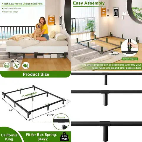 EMODA 7 Struttura letto king size in metallo California per impieghi gravosi con 9 gambe, assemblaggio senza attrezzi, nero